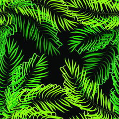 Vector seamless summer palm leaves on black background.