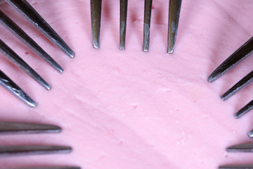 image of 5 forks on a piece of sausage