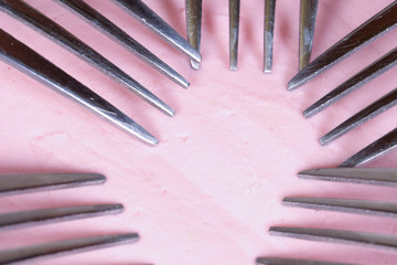 image of 5 forks on a piece of sausage