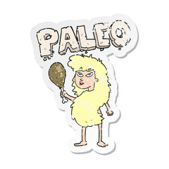 retro distressed sticker of a cartoon woman on paleo diet