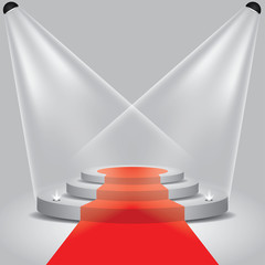 Red carpet to podium stage with spotlights vector art illustration