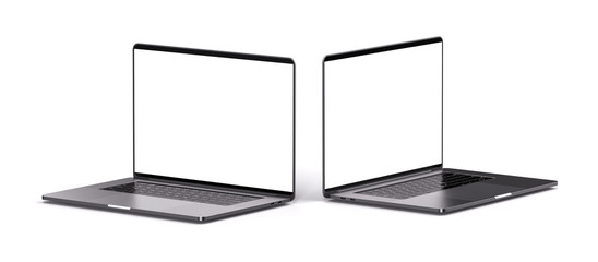 Laptops with blank screen isolated on white background, white aluminium body. Whole in focus. Template, mockup.