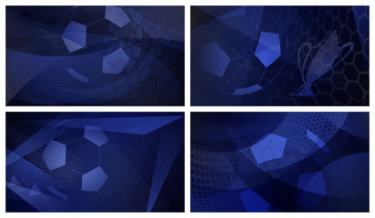 Set of four football or soccer dark abstract backgrounds with big ball in blue colors