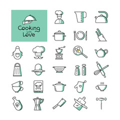 Set of pixel-perfect two colors kitchen icons in the line style isolated on the white background. With lettering of cooking with love. Well tracked items of kitchen appliances.