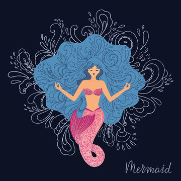 Vector illustration of a meditating mermaid with flowing hair at the bottom of the ocean with shells in her hands. Against the background of the marine pattern. Mermaid lettering.