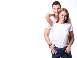Fototapeta premium Romantic couple embracing each other on white