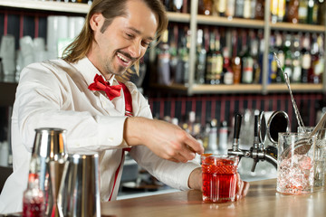  I always do my job with a smile. Elegant young mustached bartender working cheerfully.
