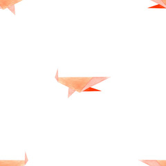 Watercolor sea seamless pattern with origami shark. Origami style. Shades of red and apricot. Isolated on a white background. Illustration.