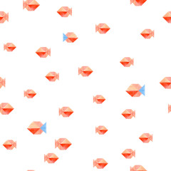 Watercolor sea seamless pattern with a lot of origami fishes. Origami style. Shades of red and apricot. Isolated on a white background. With blue tail fish. Illustration.