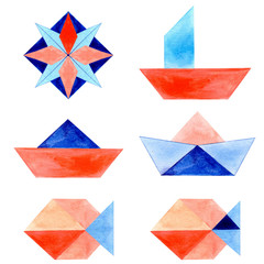 Watercolor set: a compass, three sailboats and two fishes on a white background. Isolated.