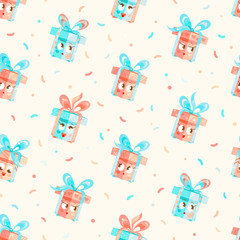 Seamless Pattern Gifts Boxes Wrapped in Paper with Ribbon Bow.  Present Vector Wallpaper