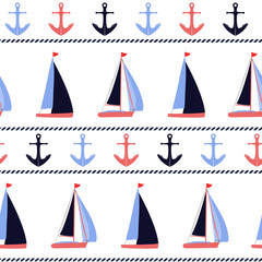 Anchors and sailboats nautical vector seamless pattern background. Marine design in blue, coral, white, and navy blue colors for coastal style projects, fabric, packaging.