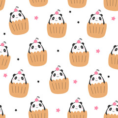 Vector seamless pattern. Panda in the cupcake. Cartoon style. Doodle.