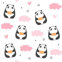 Vector seamless pattern. Panda with cookies in the clouds. Cartoon style. Doodle.