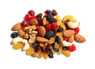 Different dried fruits and nuts on white background