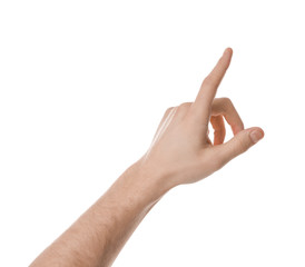 Man pointing at something on white background, closeup of hand