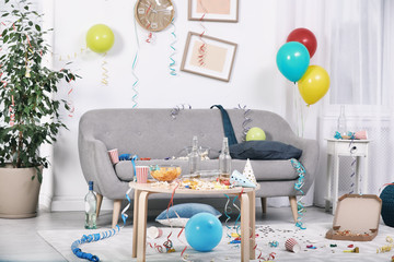 Messy living room interior. After party chaos