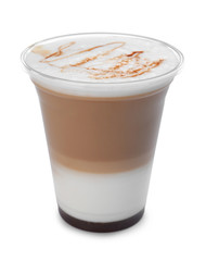 Plastic cup of tasty caramel macchiato on white background