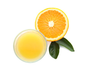 Glass with orange juice and fresh fruit on white background, top view
