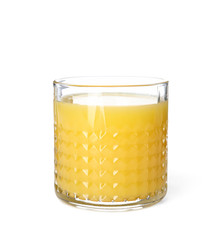 Glass of orange juice on white background