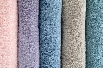 Clean soft terry towels as background, closeup