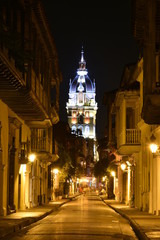 Cartagena de Indias at night. In the background the Metropolitan Cathedral Basilica of Saint Catherine of Alexandria