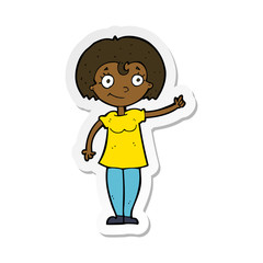 sticker of a cartoon happy woman pointing