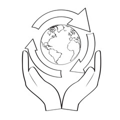 World outline in a recycling symbol resting in hands. Vector illustration design