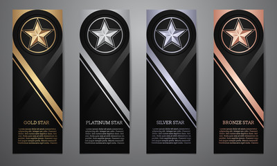 Set of black banners, Gold, platinum,silver and bronze star, Vector illustration