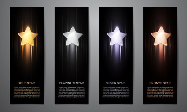 Set of black banners, Gold, platinum,silver and bronze star, Vector illustration
