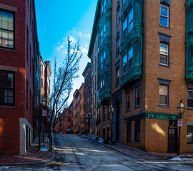 Boston, USA- March 01, 2019: picturesque Boston Streets with brick tiles and buildings. Boston is Capital city of state Massachusetts, United states of America