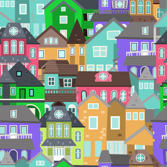 Cute houses seamless pattern with color home background vector illustration. Down town wrapping backdrop roof print. City street architecture. Modern real estate exterior wallpaper.