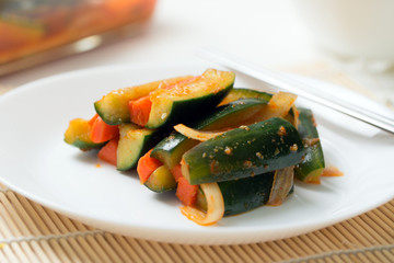 Fresh Korea style kimchi pickled cucumbers with carrots salad