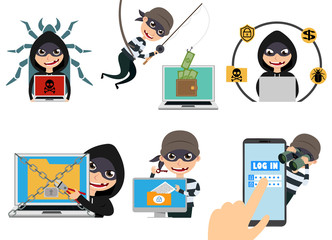 Cyber security hacker vector character set. Thief hacking computer stealing online password and login information. Vector illustration.