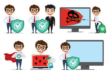 Computer programmer vector character set. Computer technician using antivirus application computers infected by virus. Vector illustration.