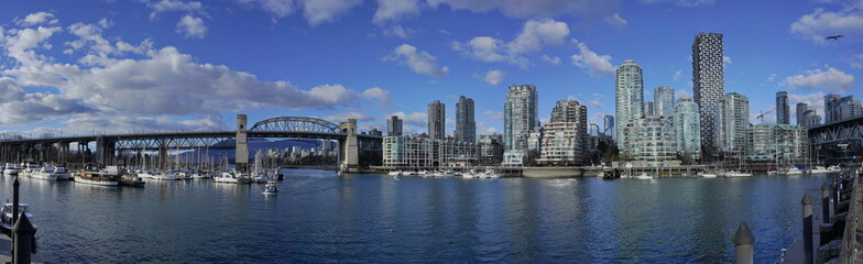 Panoramic view of Burrard Street Bridge in Vancouver downtown, BC, Canada