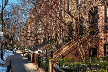 Fototapeta na wymiar Boston, USA- March 01, 2019: picturesque Boston Streets with brick tiles and buildings. Boston is Capital city of state Massachusetts, United states of America