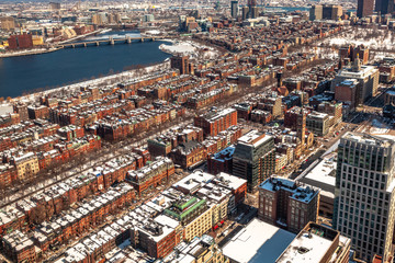 Fototapeta premium Boston, USA- March 08, 2019: panorama, a view from the air on the snowy Boston streets, Massachusetts, United States.