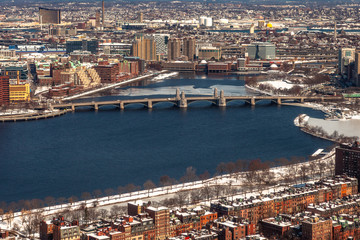 Boston, USA- March 08, 2019: panorama, a view from the air on the snowy Boston streets, Massachusetts, United States.