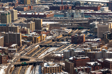 Fototapeta premium Boston, USA- March 08, 2019: panorama, a view from the air on the snowy Boston streets, Massachusetts, United States.