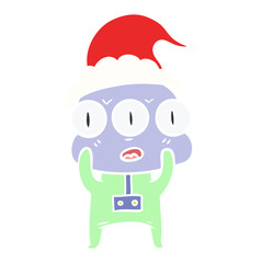flat color illustration of a three eyed alien wearing santa hat