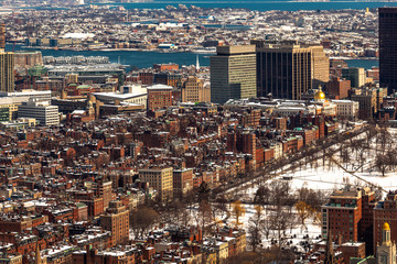 Boston, USA- March 08, 2019: panorama, a view from the air on the snowy Boston streets, Massachusetts, United States.