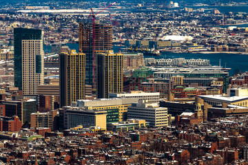 Boston, USA- March 08, 2019: panorama, a view from the air on the snowy Boston streets, Massachusetts, United States.