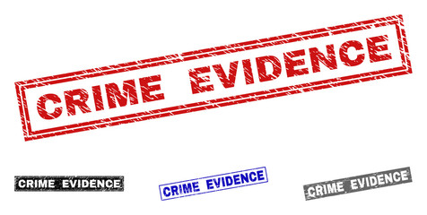 Grunge CRIME EVIDENCE rectangle stamp seals isolated on a white background. Rectangular seals with grunge texture in red, blue, black and gray colors.