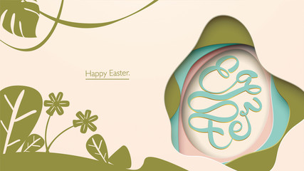Happy Easter card with lettering egg shape on colorful modern pastel background with plants and flowers. Copy space for text vector illustration with paper cut style. - Vector