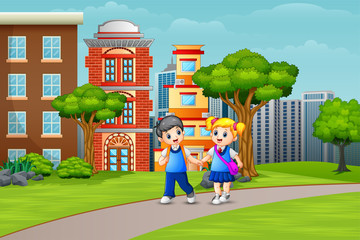 Obraz na płótnie Canvas Cartoon couple school children walking on the road