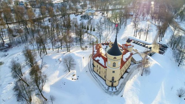 View of Bip castle on a Sunny February day. Pavlovsk, Russia (aerial video)