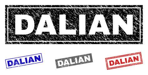 Grunge DALIAN rectangle stamp seals isolated on a white background. Rectangular seals with grunge texture in red, blue, black and grey colors.