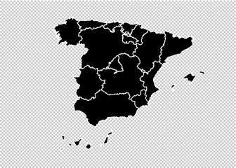 spain map - High detailed Black map with counties/regions/states of spain. spain map isolated on transparent background.