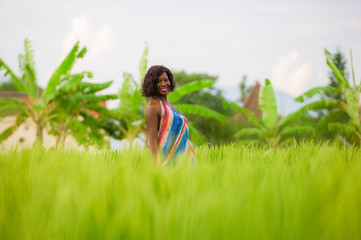 lifestyle portrait of young attractive and happy black afro American woman posing cheerful having fun outdoors at beautiful rice field background enjoying holidays trip